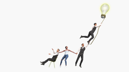 Concept of a successful team idea A light bulb that pulls people up 3d render on white no shadow