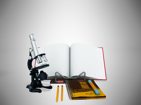 Concept of school and education biology microscope notebook 3d render on gray background