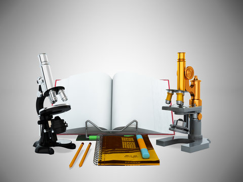 Concepts of school and education biology microscope 3D render on gray background