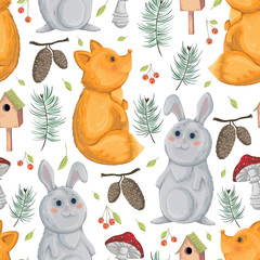 Fototapeta na wymiar Seamless pattern with fox, rabbit, birdhouse, fly-agaric, spurse cones and berries. Cute cartoon characters. Hand drawn vector illustration in watercolor style