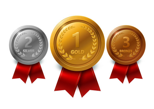 Champion gold, silver and bronze award medals with red ribbons set. Vector Illustration