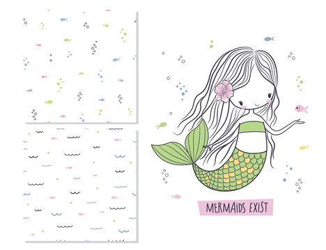 Mermaids exist. Surface design and 2 seamless patterns