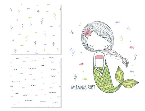 Mermaids exist. Surface design for kids and 2 seamless patterns