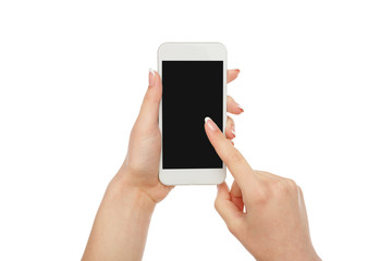 Woman's hand pointing on mobile phone blank screen, crop, cutout