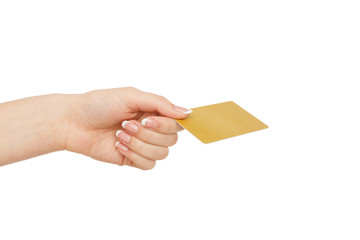 Woman's hand holding plastic card, crop, cut out