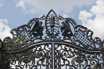 Wrought gates. Image of a decorative cast iron gates. metal gates close up. beautiful gates with...