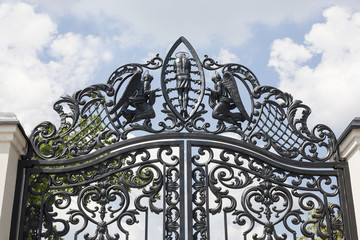Wrought gates. Image of a decorative cast iron gates. metal gates close up. beautiful gates with...