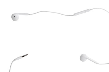 White little headphones on white isolated background. Horizontal frame