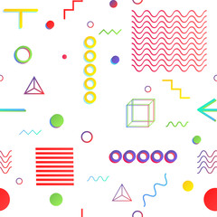 Trendy geometric elements memphis cards, seamless pattern.