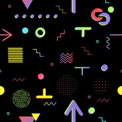Trendy geometric elements memphis cards, seamless pattern.