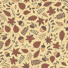 Colorful vector hand drawn pattern with autumn elements: foliage, berries and acorns on the beige background. Maple, sycamore, birch, beech and oak tree leaves. For your design.