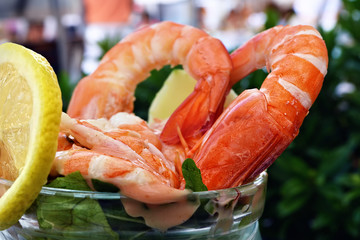 Shrimp cocktail in restaurant