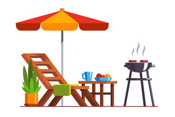 Backyard design with lounger and grill for bbq