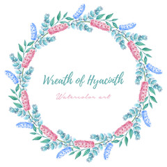 Wreath of hyacinth and eucalyptus in watercolor style