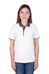 woman in white polo shirt isolated on white background