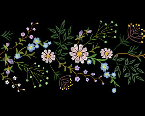 Embroidery trend floral border small branches herb leaf with little blue violet flower daisy chamomile. Ornate traditional folk fashion patch design neckline blossom background vector illustration