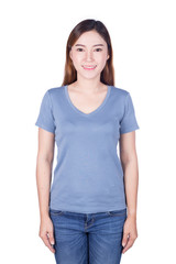 Obraz premium woman in blue t-shirt isolated on a white background