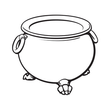 black and white cauldron with boiling green potion inside, sketch style vector illustration isolated on white background. Hand drawn, sketch style caldron, caulron, witchcraft accessory