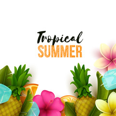 Colorful background with tropical flowers and fruits. Vector illustration.