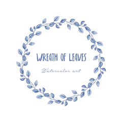 Wreath of blue leaves in watercolor style