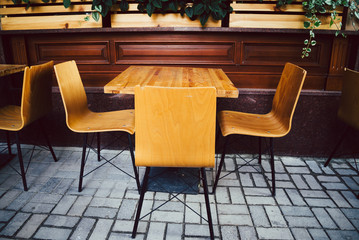 Empty chairs in outdoor cafe or restaurant