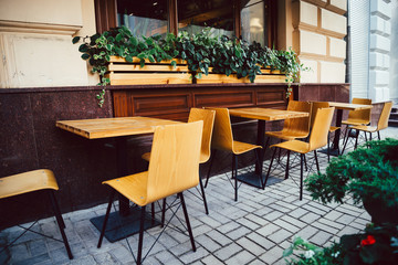 Empty chairs in outdoor cafe or restaurant