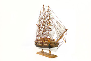 Model of the wooden ship isolated on white background