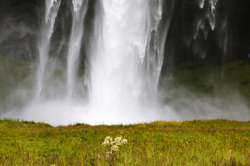 Closeup of waterfall against green grass. Icelandic landscape.