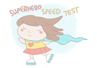Cute vector hand drawn style illustration of sweet little girl with superhero cloak roller skating