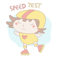 Hand drawn style vector illustration of cute little girl with helmet and roller skates