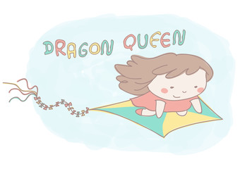 Beautiful little girl flying on kite dragon, cute vector illustration in hand drawn style