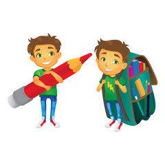 vector cartoon small schoolboy wearing big huge schoolbag full of books smiles, another boy keeping big pencil . Isolated flat illustration on a white background. Back to school concept