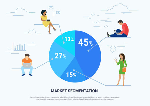 Market segmentation infographic vector illustration of people sitting on round percentage diagram. Flat people working with laptop, chatting messages and calling. White background of user experience