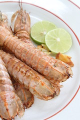 Close up  of garlic fried mantis shrimps