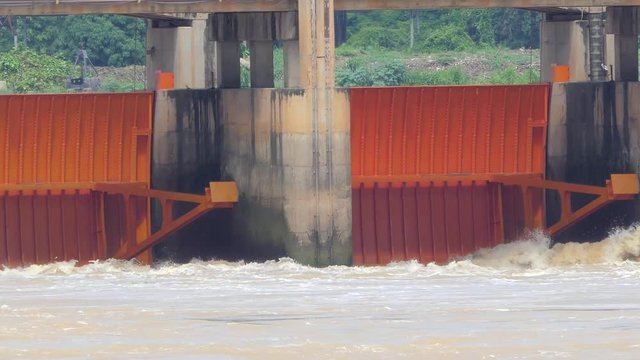 Floodgate of dam in Chao Phraya River, for agriculture and flood protection in Central Thailand.