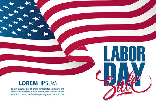 Labor Day Sale special offer banner template with waving american national flag. Holiday commerce background for business, promotion and advertising. Vector illustration.