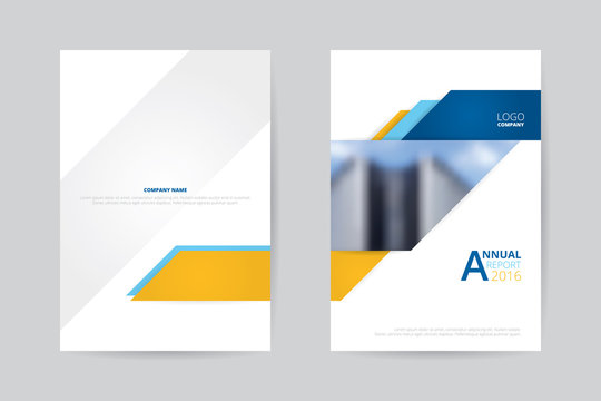 Annual report 2016 book front and back cover template, blue gray orange color theme with company logo, blur building sky background