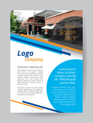 Blue logo A4 brochure template. Orange line and circle cyan textbox on white background. One side flyer layout demo text. Food shop wall brick on top banner. Printing CMYK poster with slogan page.