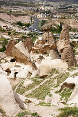 View from the top of the cave city Uchhisar. Uchhisar City, Cappadocia, Turkey.