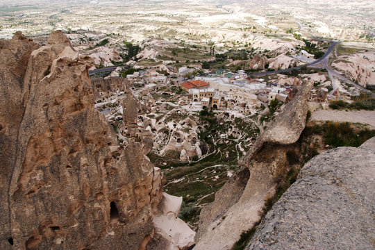 View from the top of the cave city Uchhisar. Uchhisar City, Cappadocia, Turkey.