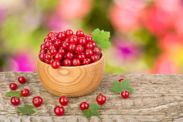 Red currant berries in wooden bowl on wooden table with blurry garden background