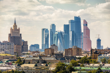 Fototapeta na wymiar Moscow-City scascrapers and old buildings, Russia. Cityscape of Moscow in summer.