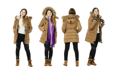 Fototapeta premium Blonde woman dress autumn coat, full length portrait isolated on white background