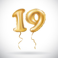 vector Golden number 19 nineteen metallic balloon. Party decoration golden balloons. Anniversary sign for happy holiday, celebration, birthday, carnival, new year. - obrazy, fototapety, plakaty