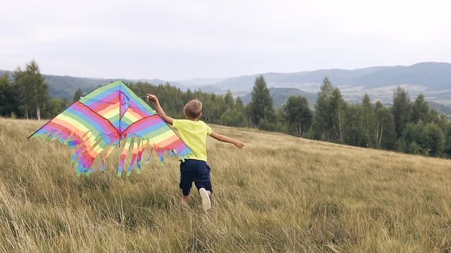 The boy runs and launches a snake in the mountains