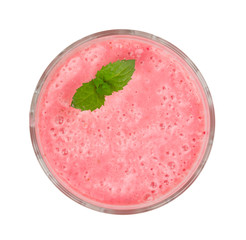 Glass of raspberry yogurt with mint leaves isolated on white background. Top view