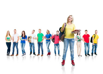Fototapeta premium Large group of teenage students isolated on white background. Many different people standing together. School, education, college, university concept.