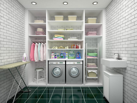 Design Of A Laundry Room With White Shelves. 3d Illustration