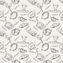 Fototapeta premium Vector seamless sketch of tea set and pastry and sweets