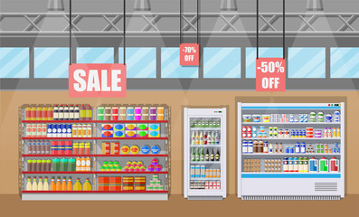 Supermarket store interior with goods.